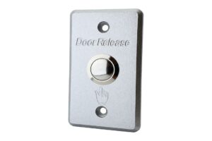 לחצן Door Release ללא תאורה, דגם 12827: לוח מתכת מלבני בגוון כסף, לחצן עגול ממתכת וסמל יד
