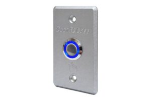 לחצן Door Release מואר, דגם 12830: לוח מתכת מלבני בגוון כסף, טבעת תאורה סביב הלחצן וסמל יד
