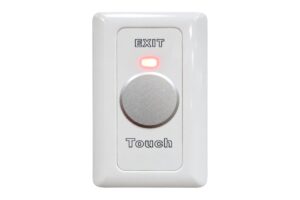 לחצן מגע מלבני לבן, דגם 12840: כיתוב EXIT, נורית LED, משטח מגע עגול כסוף וכיתוב Touch