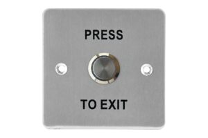 לחצן PRESS TO EXIT מרובע, דגם 12841: לוח מתכת מוברשת, לחצן עגול עם טבעת מלוטשת ושני חורי קיבוע