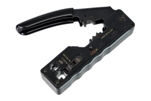 לוחץ RJ45/RJ11 כף יד עם סוגר כבלים, דגם 13439: מבט באלכסון על הצד המסומן, ידית פתוחה