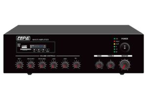 מגבר מיקסר COPA 60/120W, פאנל קדמי – נגן Mp3 עם USB ו-SD, שישה ווסתי עוצמה כולל TEL ומד רמת יציאה