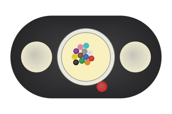 כבל אופטי שטוח, חתך במבט ישר: 12 סיבי SM בצינורית ג'ל בין 2 מוטות FRP וחוט קריעה אדום (איור), דגם CR-GYFXTBY