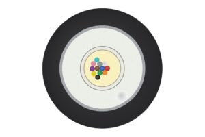 כבל אופטי תת קרקעי משוריין, חתך במבט ישר: 12 סיבי SM בצינורית ג'ל, חוטי זכוכית ושריון פלדה (איור), דגם CR-GYXTS