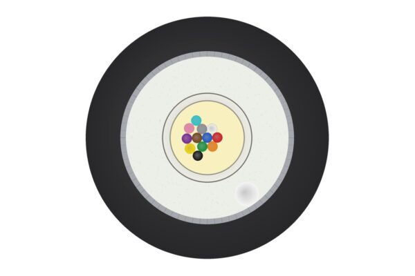 כבל אופטי תת קרקעי משוריין, חתך במבט ישר: 12 סיבי SM בצינורית ג'ל, חוטי זכוכית ושריון פלדה (איור), דגם CR-GYXTS