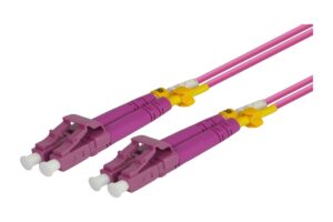 מגשר אופטי LC-LC דופלקס מולטימוד OM3, קצוות מחבר LC בציפוי טורקיז וגוף בז'
